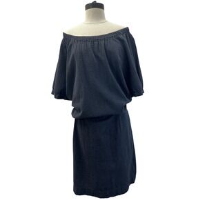 Makie Off Shoulder Dress Womens M/L Navy Excellent Waffle Cotton Drop Waist